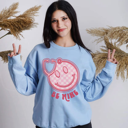 Retro smiley Stethoscope Valentine T-Shirt, Cute Be mine Valentine's day Couple Sweatshirt, XoXo Nurse Lover Long Sleeve, NICU Nurse Couple day Hoodie