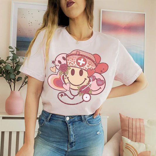 Retro smiley Stethoscope Valentine T-Shirt, Cute Smile Valentine's day Couple Sweatshirt, XoXo Nurse Lover Long Sleeve, NICU Nurse Couple day Hoodie