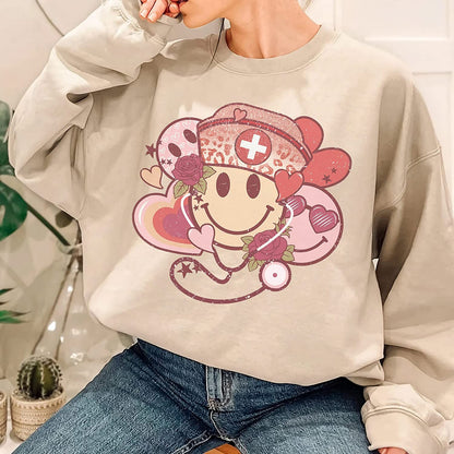 Retro smiley Stethoscope Valentine T-Shirt, Cute Smile Valentine's day Couple Sweatshirt, XoXo Nurse Lover Long Sleeve, NICU Nurse Couple day Hoodie