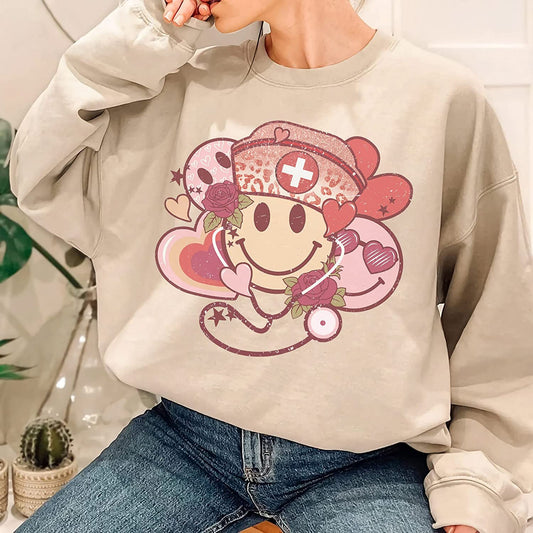 Retro smiley Stethoscope Valentine T-Shirt, Cute Smile Valentine's day Couple Sweatshirt, XoXo Nurse Lover Long Sleeve, NICU Nurse Couple day Hoodie