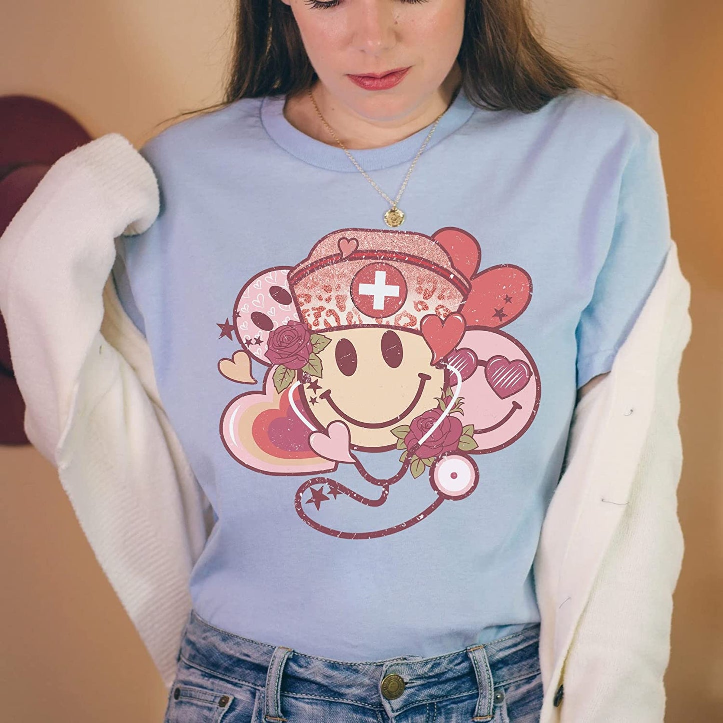 Retro smiley Stethoscope Valentine T-Shirt, Cute Smile Valentine's day Couple Sweatshirt, XoXo Nurse Lover Long Sleeve, NICU Nurse Couple day Hoodie