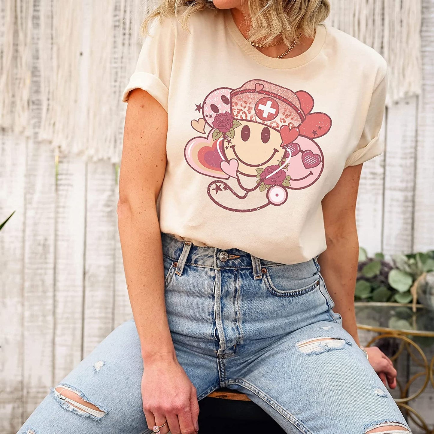 Retro smiley Stethoscope Valentine T-Shirt, Cute Smile Valentine's day Couple Sweatshirt, XoXo Nurse Lover Long Sleeve, NICU Nurse Couple day Hoodie