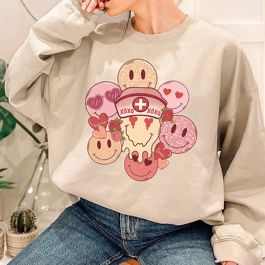 Retro smiley nurse faces T-Shirt, Valentine's nurse face Sweatshirt, xoxo Couple Long Sleeve, Peds Picu Icu Cute Nursing Student Hoodie