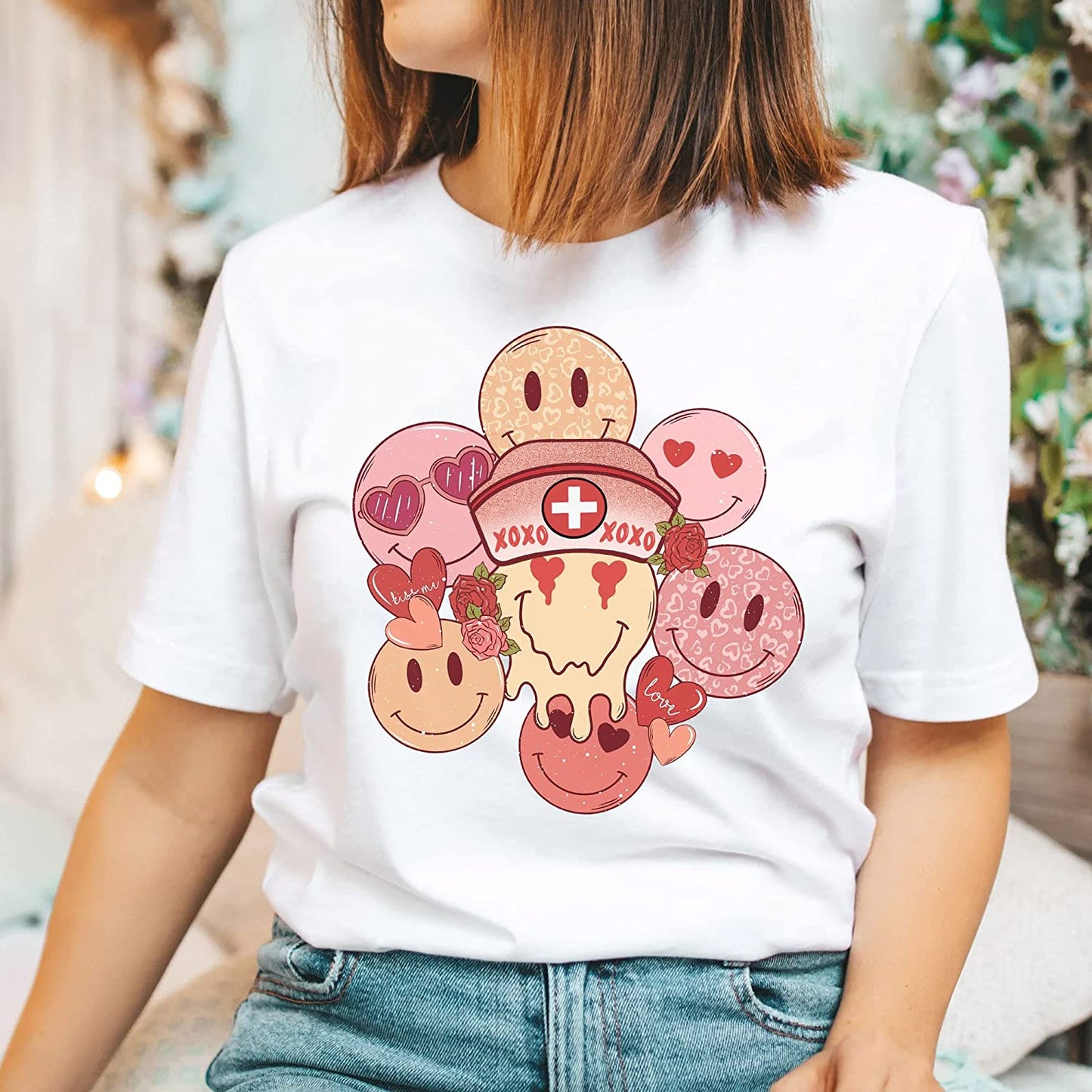 Retro smiley nurse faces T-Shirt, Valentine's nurse face Sweatshirt, xoxo Couple Long Sleeve, Peds Picu Icu Cute Nursing Student Hoodie