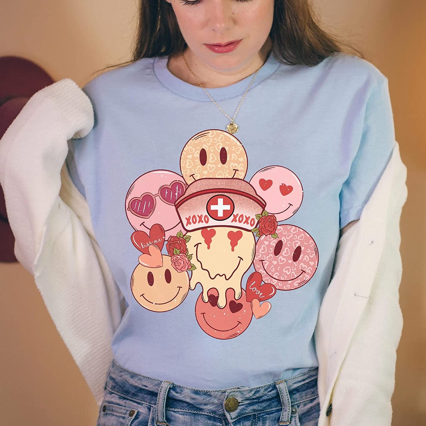 Retro smiley nurse faces T-Shirt, Valentine's nurse face Sweatshirt, xoxo Couple Long Sleeve, Peds Picu Icu Cute Nursing Student Hoodie