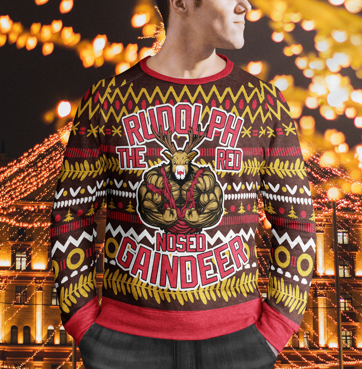 Rudolph The Red Nosed Gaindeer Sweater Muscle Reindeer Funny Christmas ...