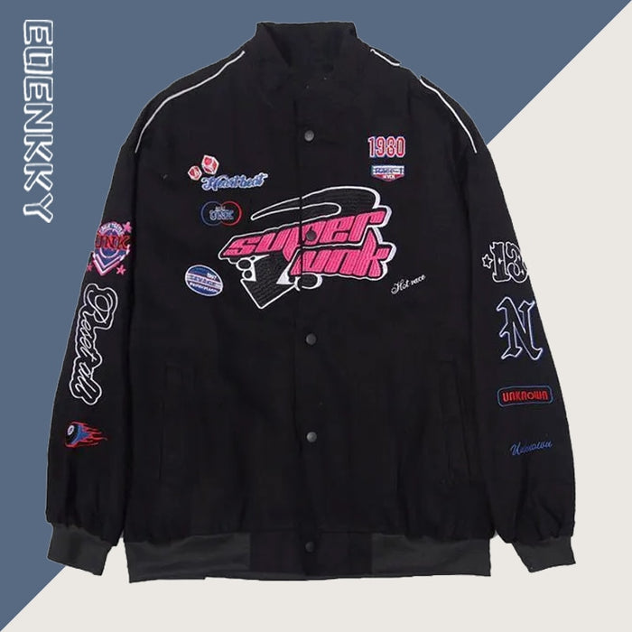 Retro Racing Jacket Women Men Embroidery Bomber Varsity Jackets Unisex Loose Motorcycle Baseball Coat Streetwear Outwear New