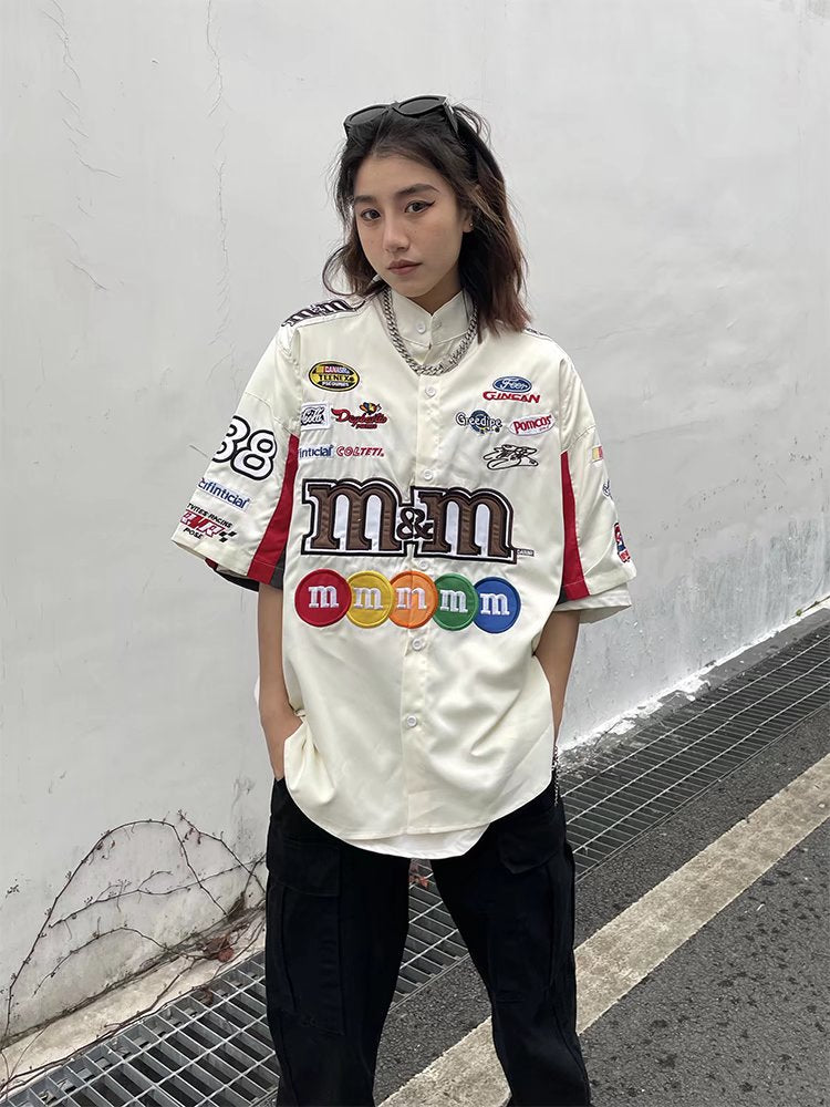 American Retro Embroidery Baseball Shirt Harajuku Hip Hop Short Sleeve Shirts Casual Fashion Uniform Shirt Vintage Streetwear