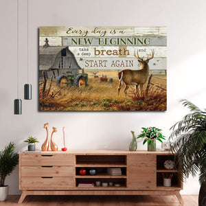 Tractor And Deers In The Morning – Every Day Is A New Beginning, Canvas