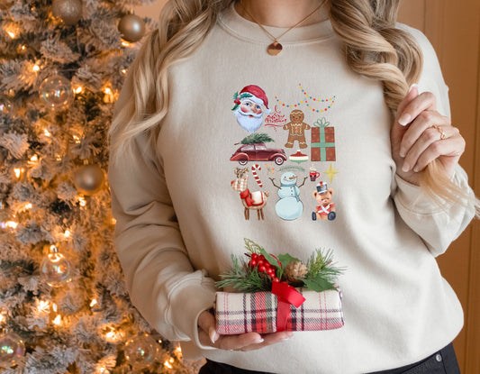 Vintage Christmas Crewneck Sweatshirt Christmas PJs Pullover Retro Christmas Doodles Ugly Christmas Sweater Women Santa Shirt Christmas Tee