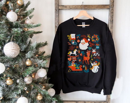 Vintage Christmas Crewneck Sweatshirt Christmas PJs Pullover Retro Christmas Doodles Ugly Christmas Sweater Women Santa Shirt Christmas Tee