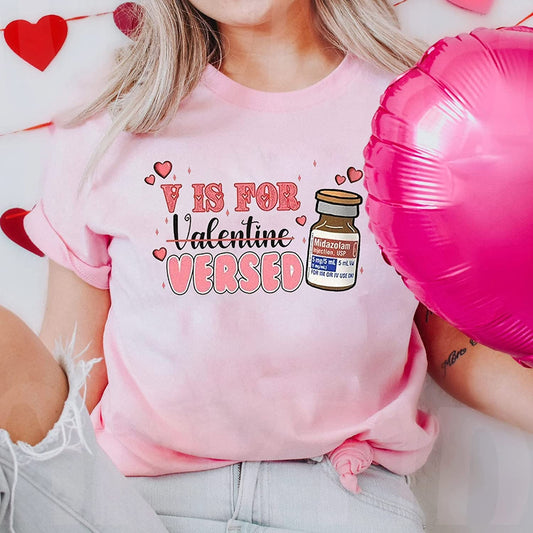V is for Valentine versed T-Shirt, Nurse heart Valentine Holiday Sweatshirt, NICU Medicine Tech Long Sleeve, Midazolam Hoodie Gift for friends