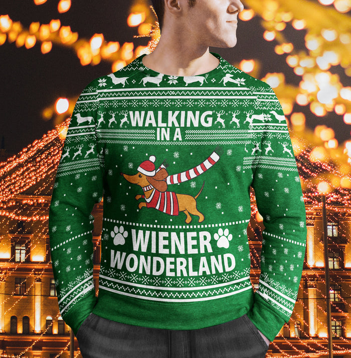 Walking In A Wiener Wonderland Merry Christmas Ugly Sweater Funny Christmas Family Sweater Gift Idea For Dog Lover