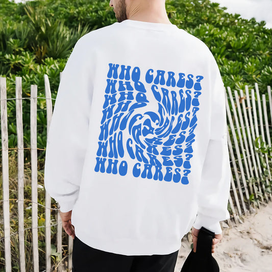 Who Cares Hoodie, Aesthetic Hoodie with Words on Back, Streetwear Hoodies, Back Print Hooded Sweater, Distorted Text Sweatshirt