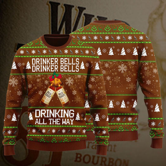 Wild Turkey Drinker Bells Drinker Bells Drinking All The Way Sweater, Christmas Ugly Sweater, Christmas Gift, Gift Christmas 2024