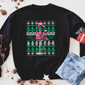 Wine drinking flamingo christmas funny sweatshirt gifts christmas ugly sweater for men and women