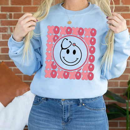 XOXO valentine nurse T-Shirt for Nurses, Stethoscope heart smile Sweatshirt, funny NICU Nurse Crew Long Sleeve, Xoxo Cute Crane Hoodie