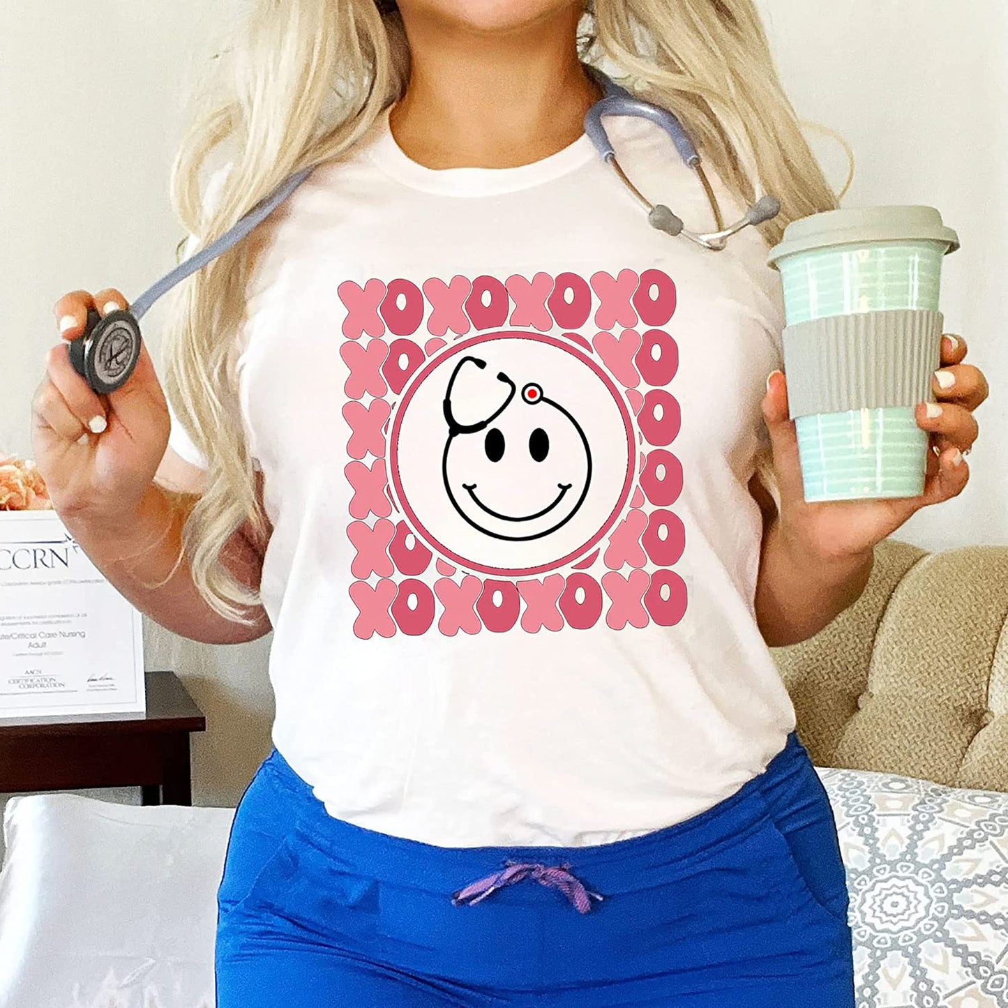 XOXO valentine nurse T-Shirt for Nurses, Stethoscope heart smile Sweatshirt, funny NICU Nurse Crew Long Sleeve, Xoxo Cute Crane Hoodie