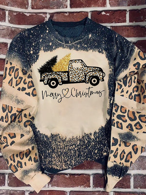 Xmas truck Leopard Bleached Sweater, Christmas Ugly Sweater, Christmas Gift, Gift Christmas 2024