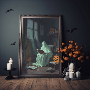 A Ghost's Passion For Books Poster, Ghost Art Print, Halloween Ghost Print, Haunting Ghost, Dark Academia Room Decor, Halloween Decor - Best gifts your whole family