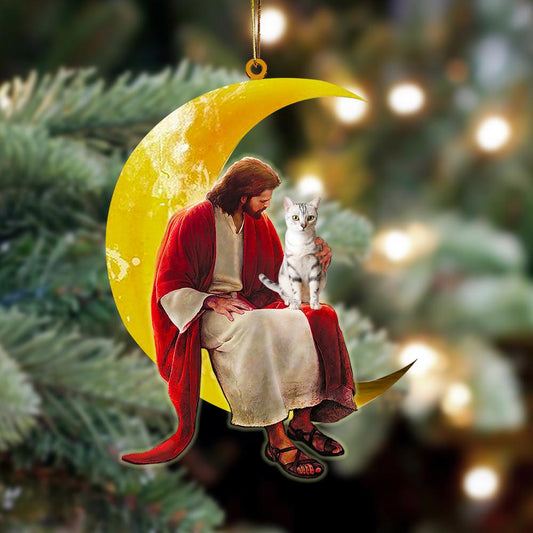 American Shorthair And Jesus Sitting On The Moon Hanging Ornament, Car Ornament, Christmas Ornament - Best gifts your whole family
