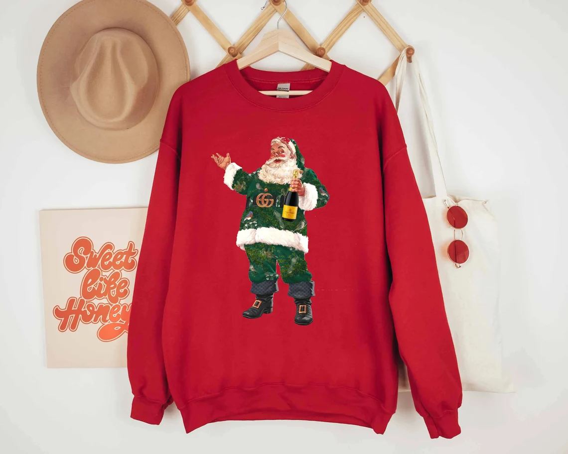 Retro Santa Christmas Sweatshirt, Santa Champagne Veuve Rose Sweatshirt, Champagne Rose Shirt, Vintage Santa Christmas shirt, Holiday Party