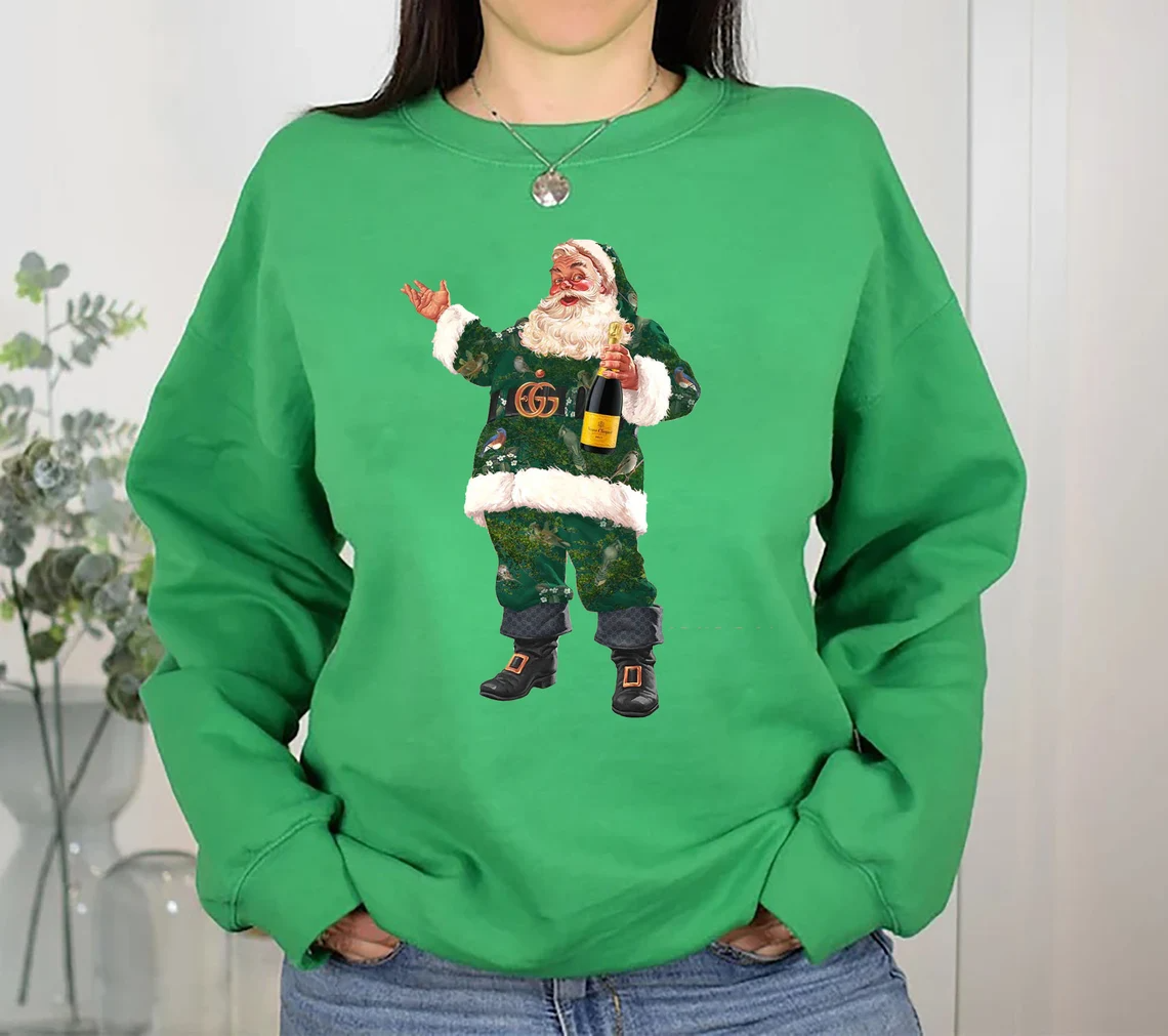 Retro Santa Christmas Sweatshirt, Santa Champagne Veuve Rose Sweatshirt, Champagne Rose Shirt, Vintage Santa Christmas shirt, Holiday Party
