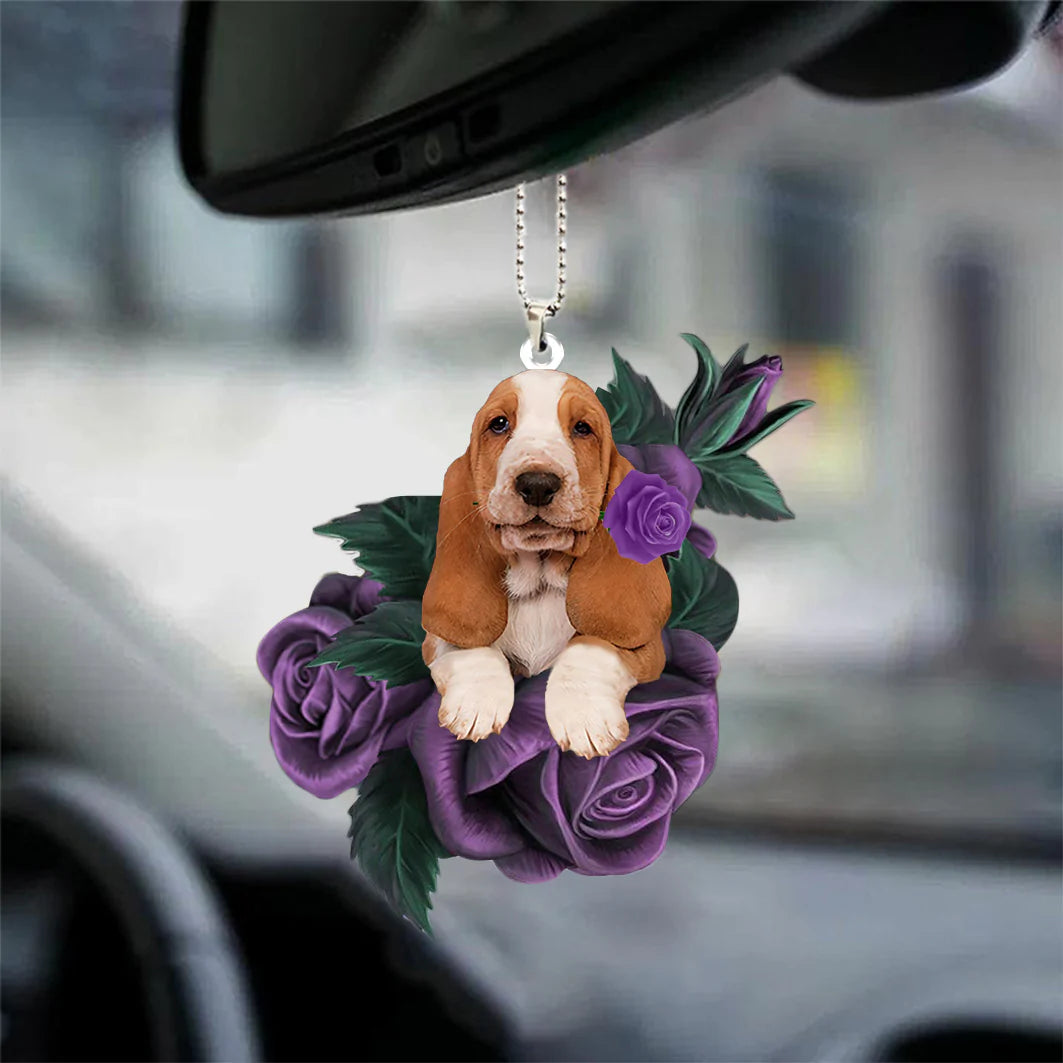 Basset Hound In Purple Rose Car Hanging Ornament - Best gifts your whole family