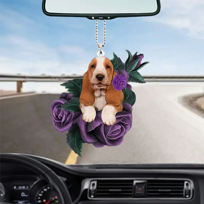Basset Hound In Purple Rose Car Hanging Ornament - Best gifts your whole family