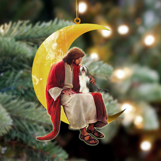 Bearded Collie And Jesus Sitting On The Moon Hanging Ornament Christmas Ornament - Best gifts your whole family
