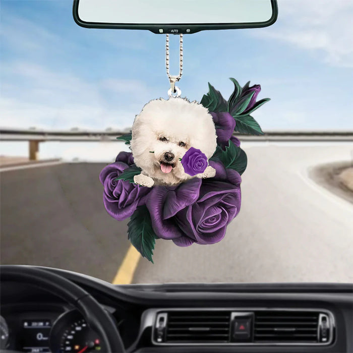 Bichon Frise In Purple Rose Car Hanging Ornament - Best gifts your whole family