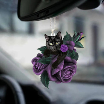 Black Cat In Purple Rose Car Hanging Ornament - Best gifts your whole family