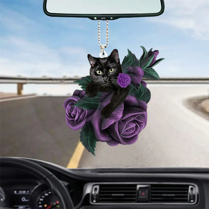 Black Cat In Purple Rose Car Hanging Ornament - Best gifts your whole family
