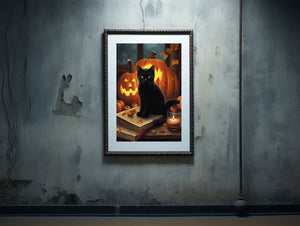 Black Cat in the Library Print, Halloween Wall Art Decor, Art Poster Print, Dark Academia, Gothic Victorian, Black Cat Art, Witch Decor - Best gifts your whole family