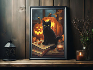 Black Cat in the Library Print, Halloween Wall Art Decor, Art Poster Print, Dark Academia, Gothic Victorian, Black Cat Art, Witch Decor - Best gifts your whole family
