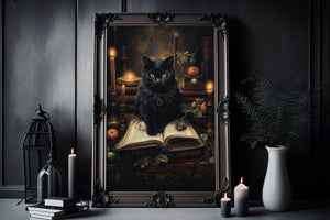 Black Cat On A Book Poster, Black Cat Print, Vintage Poster, Art Poster Print, Dark Academia, Gothic Victorian, Halloween Decor - Best gifts your whole family