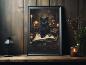 Black Cat On A Book Poster, Black Cat Print, Vintage Poster, Art Poster Print, Dark Academia, Gothic Victorian, Halloween Decor - Best gifts your whole family