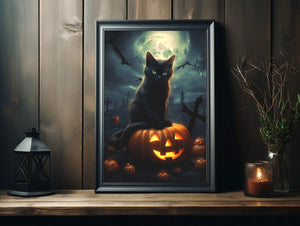 Black Cat On A Pumpkin In The Dark Night Poster, Black Cat Print, Art Poster Print, Dark Academia, Black Cat Art, Witchy Decor - Best gifts your whole family