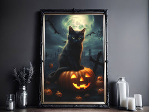 Black Cat On A Pumpkin In The Dark Night Poster, Black Cat Print, Art Poster Print, Dark Academia, Black Cat Art, Witchy Decor - Best gifts your whole family