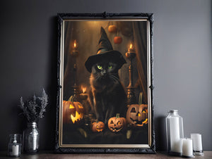 Black Cat Witch With Pumpkin Poster, Witch Print, Cat Witch Poster, Gothic Art, Dark Academia, Black Cat Witch, Halloween Decor - Best gifts your whole family