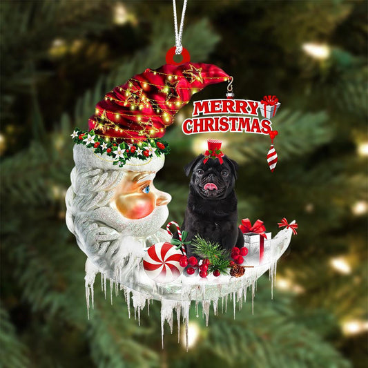 Black Pug On The Moon Merry Christmas Hanging Ornament - Best gifts your whole family