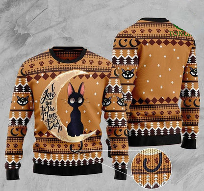 cat dubh Is breá liom tú go dtí an ghealach agus ar ais geansaí, geansaí Nollag gránna, bronntanas Nollag, bronntanas Nollag 2024