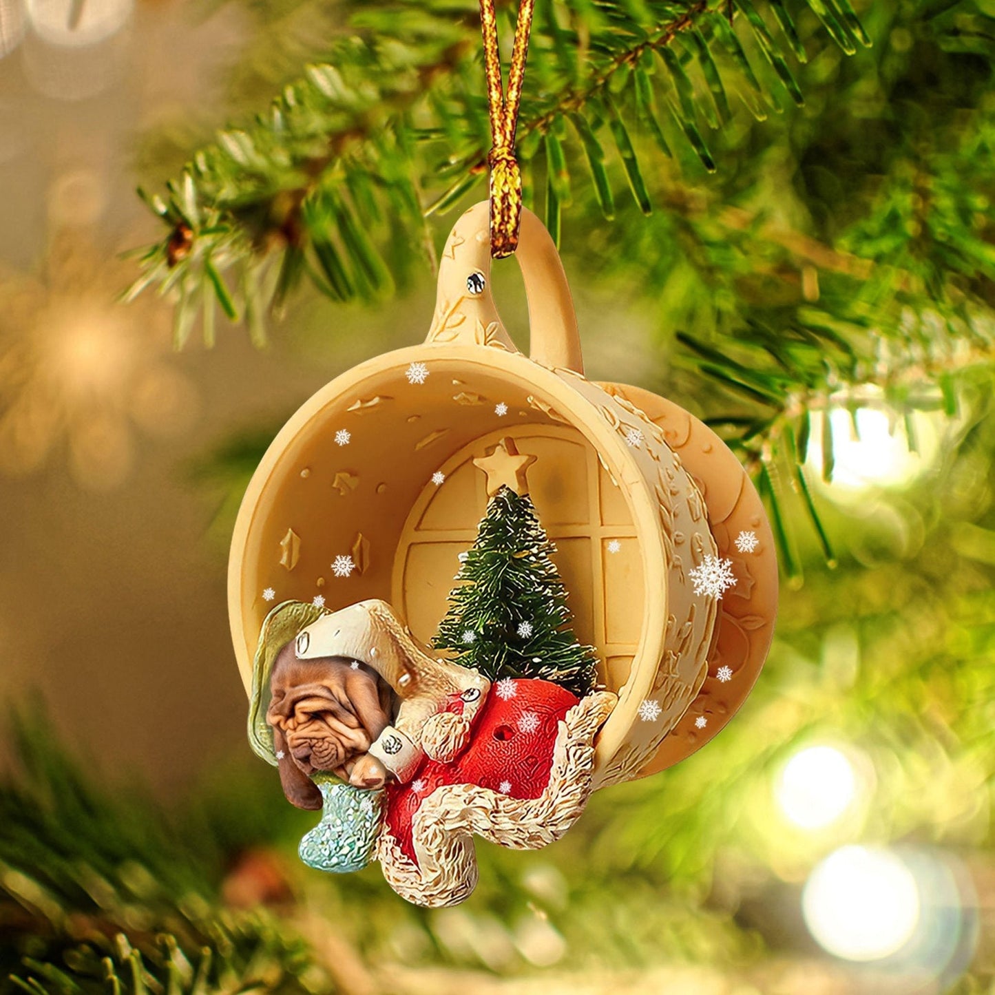 Bloodhound Sleeping in a tiny cup Christmas Holiday-Two Sided Ornament, Christmas Ornament, Car Ornament - Best gifts your whole family