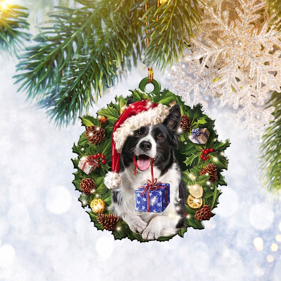 Border Collie Christmas Wreath Flat 2D Ornament, Dog Pet Lover Gift, Christmas Tree Ornament, Home Decor - Best gifts your whole family