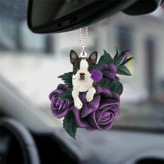 Boston Terrier In Purple Rose Car Hanging Ornament - Best gifts your whole family