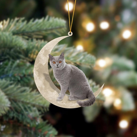 British Shorthair Cat Sits On The Moon Hanging Ornament, Animal Christmas Ornaments - Best gifts your whole family