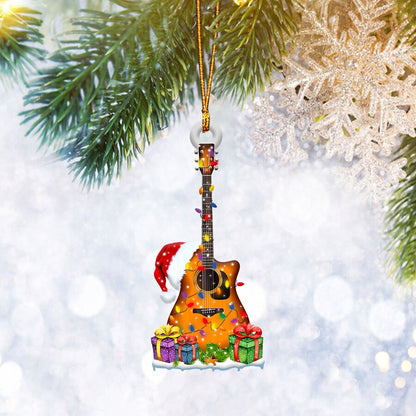 Brown Classic Guitar Santa Hat Christmas Light Flat 2D Ornament, Christmas Tree Ornament, Home Decor Plastic Ornament - Best gifts your whole family