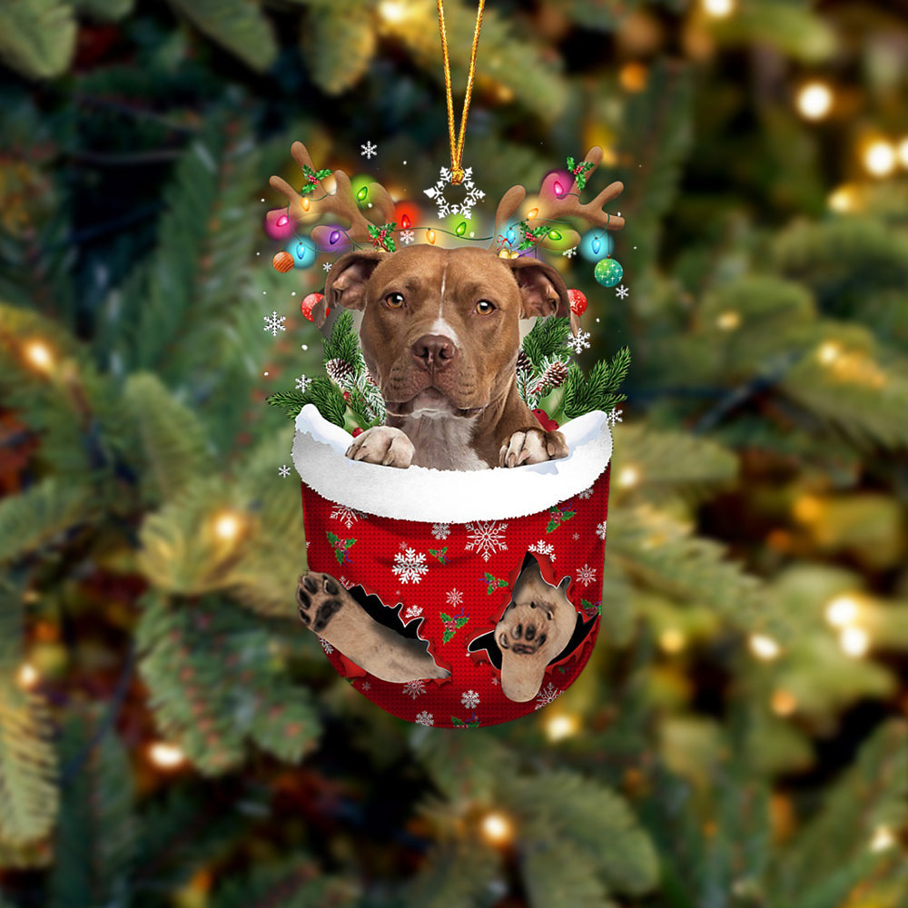 BROWN Pitbull In Snow Pocket Christmas Ornament Flat Acrylic Dog Ornament - Best gifts your whole family