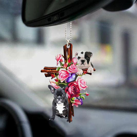 Bulldog Roses And Jesus Car Hanging Ornament Dog Ornaments For Auto Car Godmerc - Best gifts your whole family