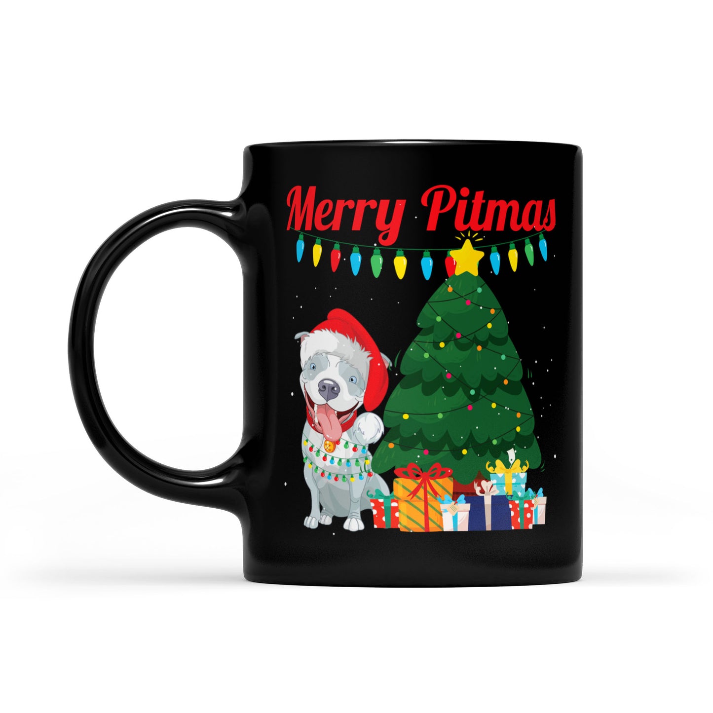 Éadaí Greannmhar na Nollag Do Lovers Pitbull - Bronntanas Mug Dubh Shona Pitmas Don Nollaig